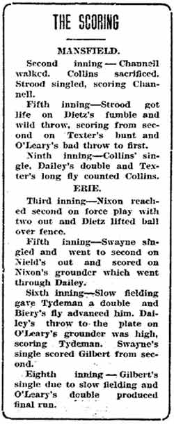Mansfield Ohio News, July 29, 1911 — scoring summary