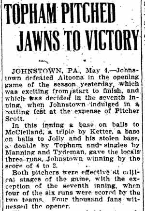 Trenton Times, May 4, 1911 — Topham Pitched Jawns to Victory, part 1
