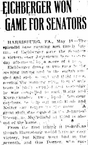 Trenton Times, May 18, 1911 — Eichberger Won Game for Senators, part 1