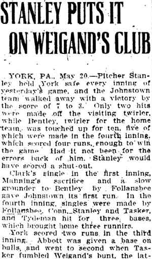 Trenton Times, May 20, 1911 — Stanley Puts It on Weigand's Club, part 1