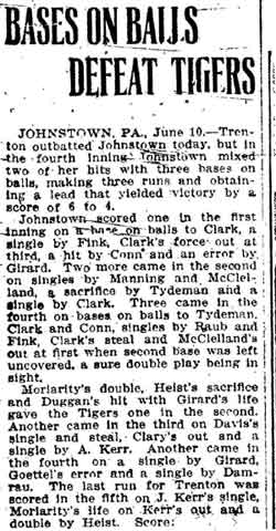 Trenton Times, June 4, 1911 — Bases on Balls Defeat Tigers, part 1