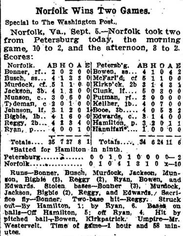 Washington Post, September 6, 1910 — Norfolk Wins Two Games, first game