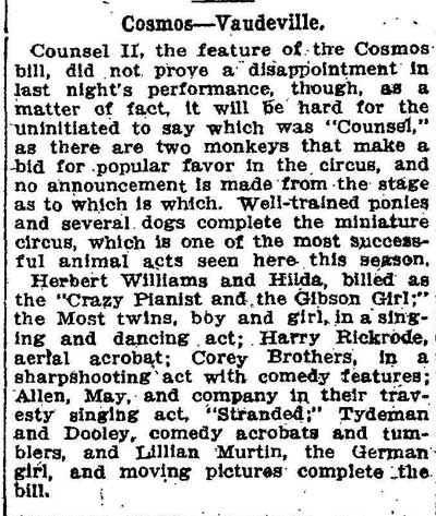 Washington Post, September 27, 1910 — Cosmos Vaudeville review