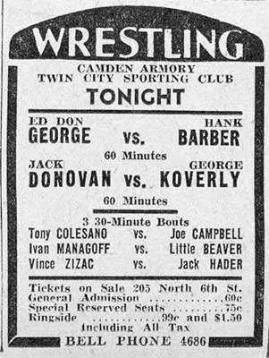 Camden Courier-Post, February 13, 1936 — wrestling program photo