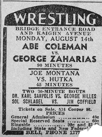 Wrestling event, Grip's Pennsauken Arena, August 14, 1933