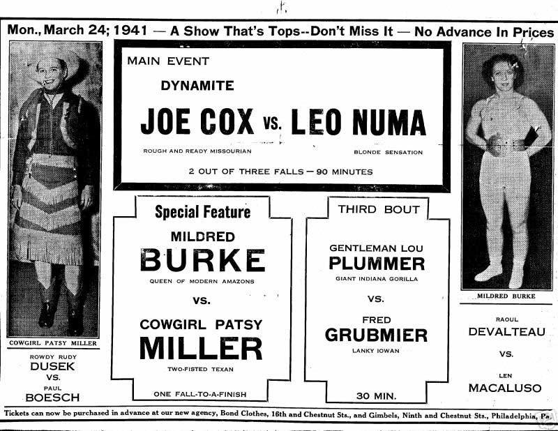 Flying Mare Wrestling Magazine, March 24, 1941 - card: Raoul Devalteau vs Len Macaluso, Rowdy Rudy Dusek vs Paul Boesch, Gentleman Lou Plummer vs Fred Grubmier, Mildred Burke vs Cowgirl Patsy Miller, Dynamite Joe Cox vs Leo Numa