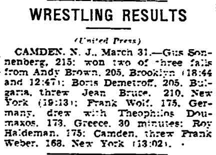 Wrestling Results, Camden, March 31 1931 — Roy Haldeman throws Frank Weber