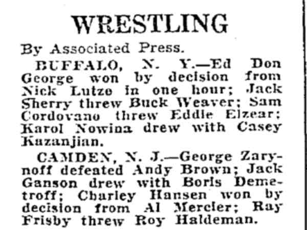 Wrestling results, Camden NJ and Buffalo NY, Seattle Daily Times May 24 1932