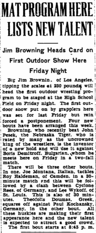 Wrestling program article, Trenton Evening Times, June 17, 1931