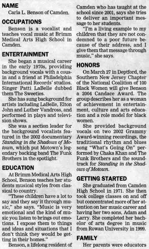 Vocalist has worked with LaBelle, Vandross — Camden Courier-Post, March 11, 2004