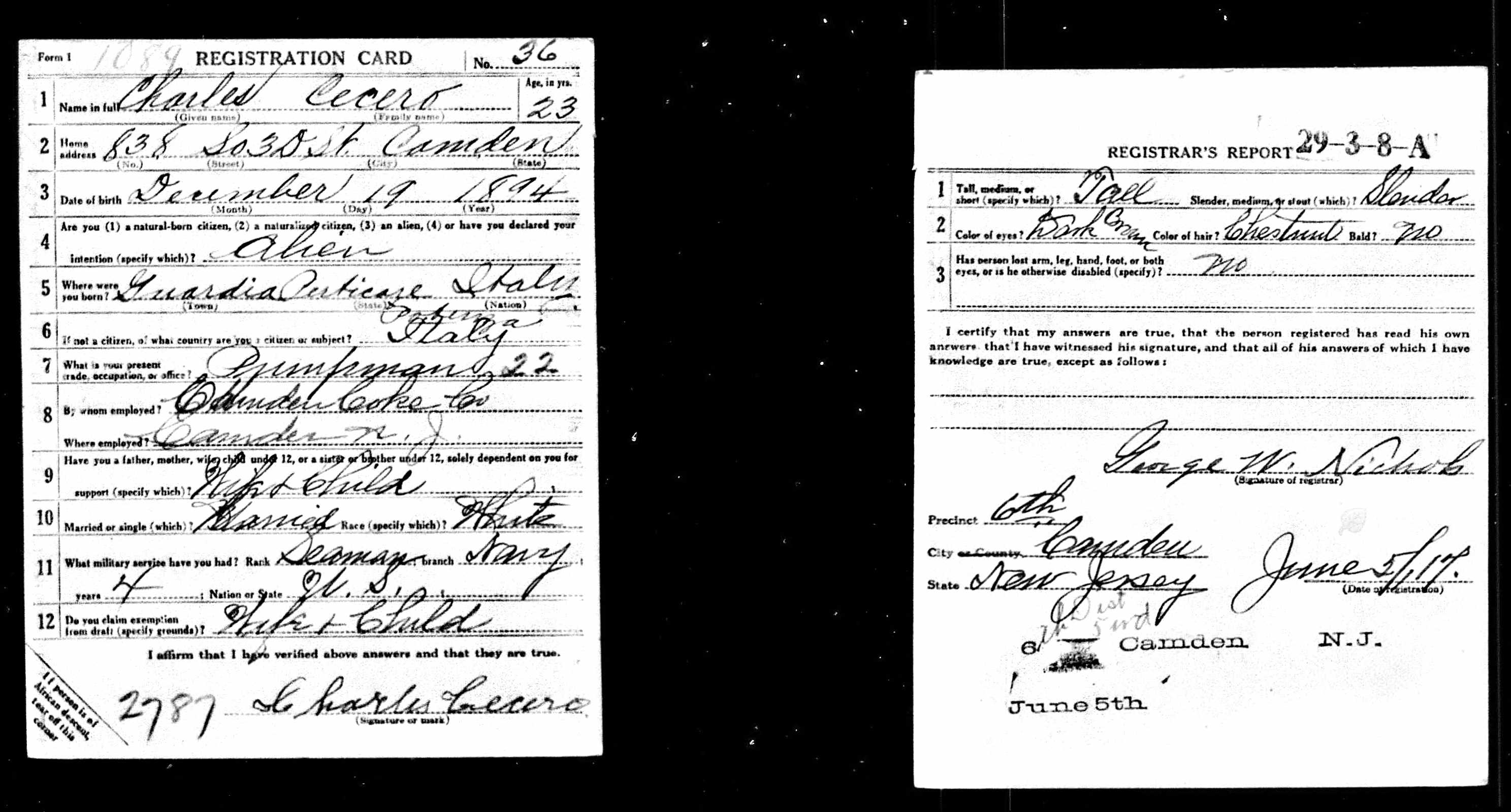 WWI draft card front