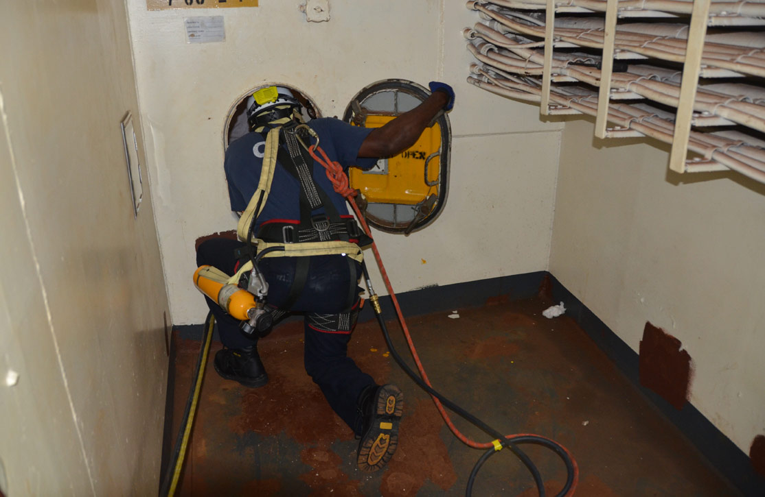 Confined space rescue training, USS New Jersey BB-62