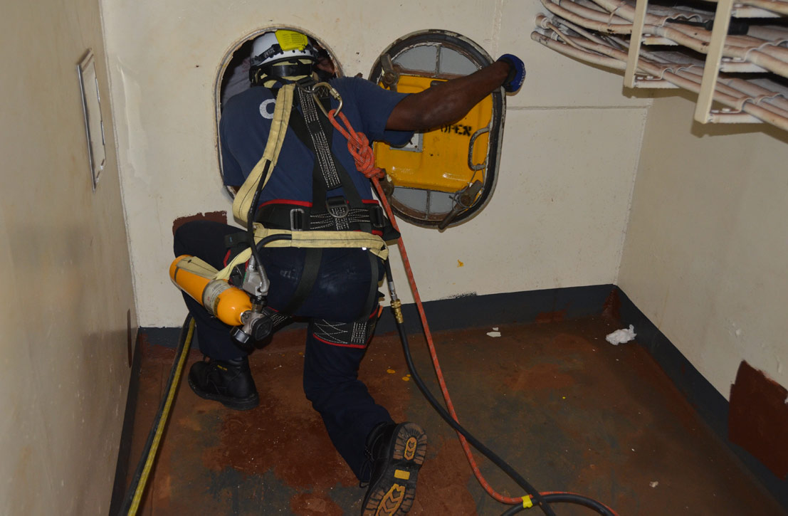 Confined space rescue training, USS New Jersey BB-62