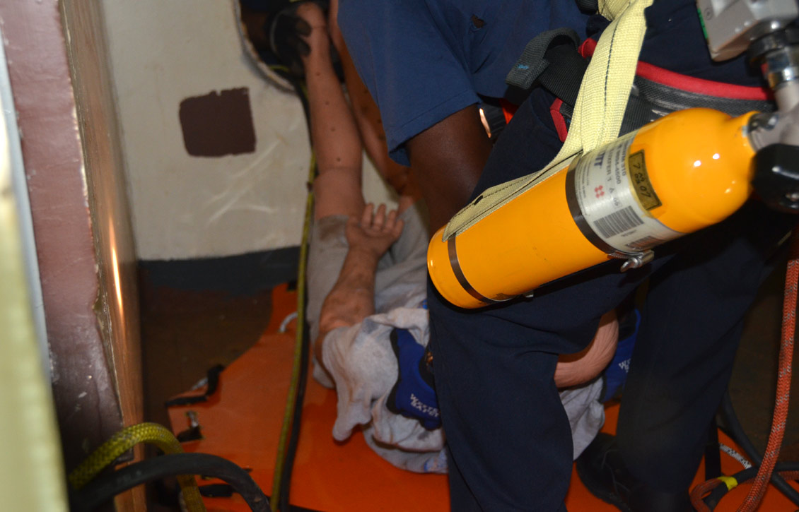 Confined space rescue training, USS New Jersey BB-62