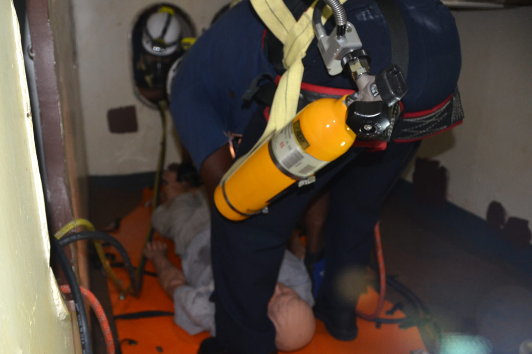 Confined space rescue training, USS New Jersey BB-62