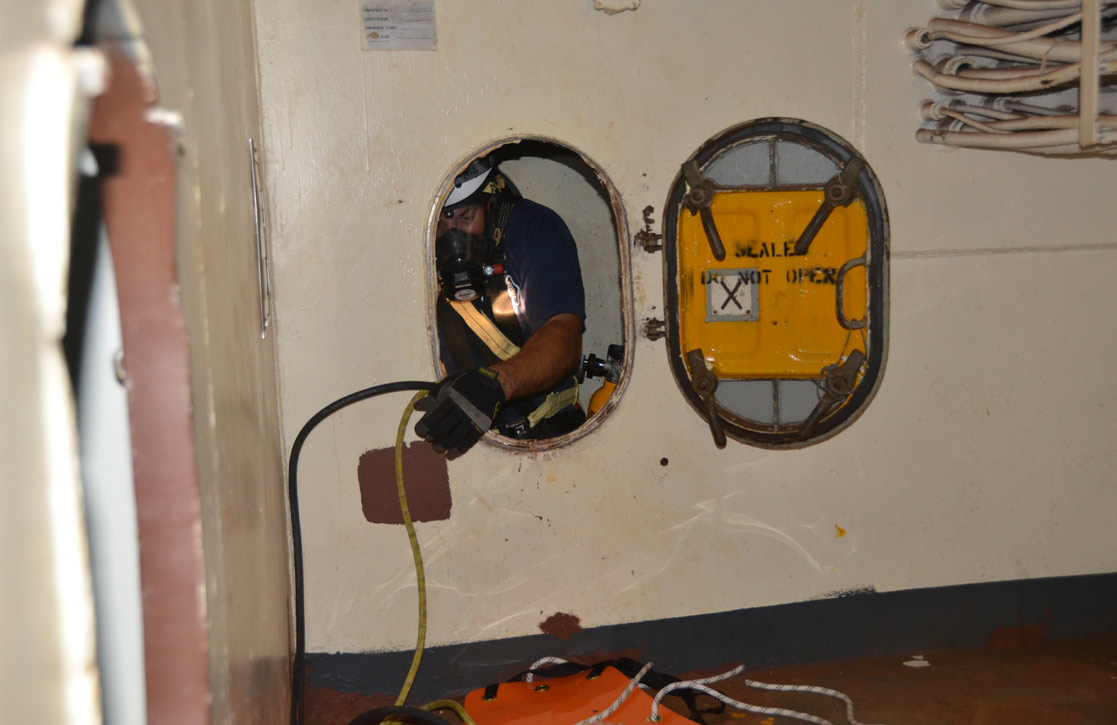 Confined space rescue training, USS New Jersey BB-62