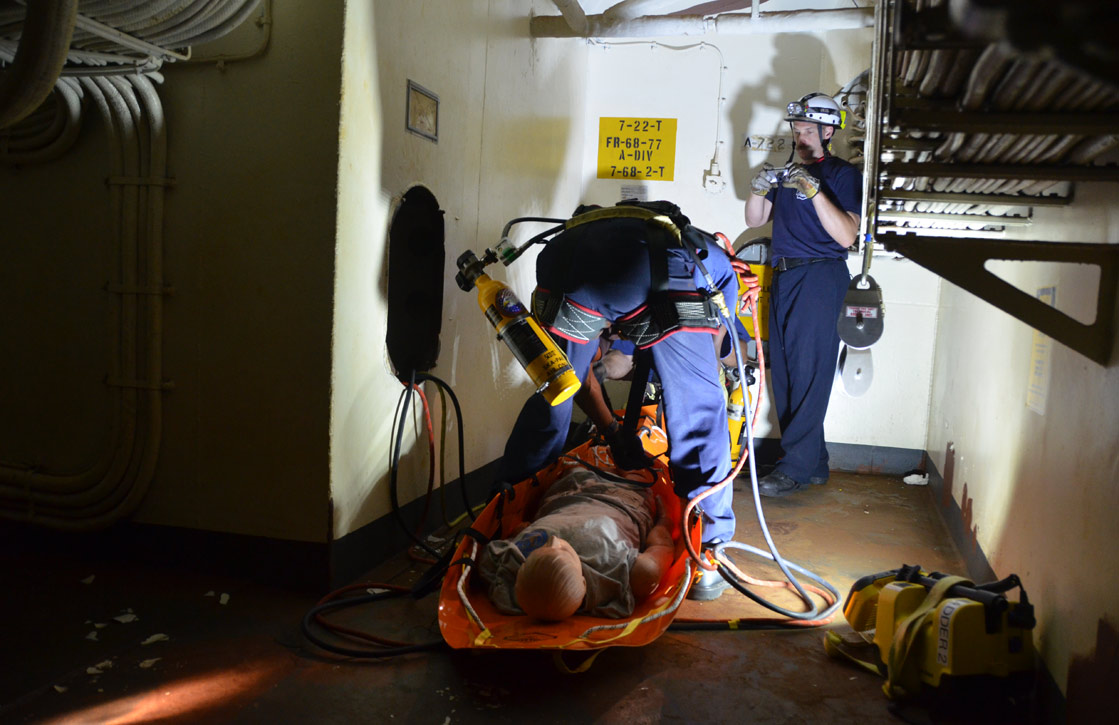Confined space rescue training, USS New Jersey BB-62