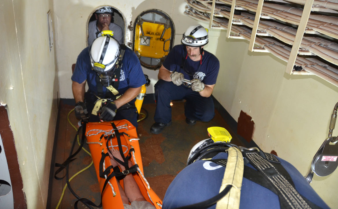 Confined space rescue training, USS New Jersey BB-62