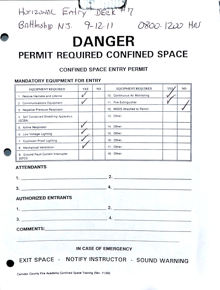 USS New Jersey BB-62 confined space entry permit
