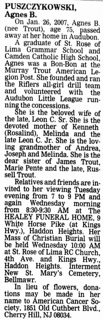 Obituary for Agnes B. Puszczykowski, Camden Courier-Post, January 28, 2007
