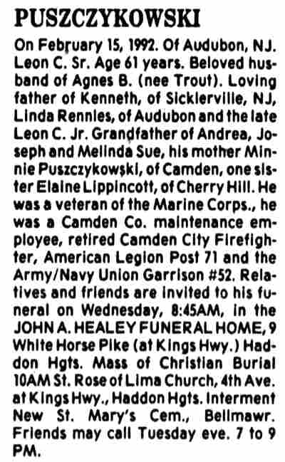 Death notice for Leon C. Puszczykowski Sr., Camden Courier-Post, February 17, 1992