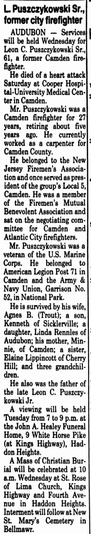 Obituary for Leon C. Puszczykowski Sr., former Camden firefighter, Camden Courier-Post, February 17, 1992
