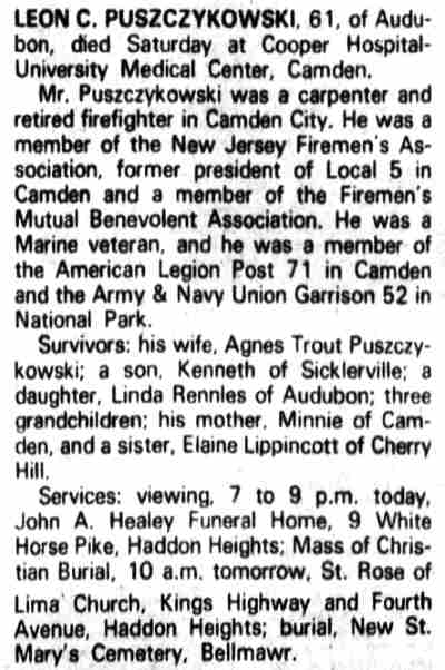 Obituary for Leon C. Puszczykowski, Philadelphia Inquirer, February 18, 1992