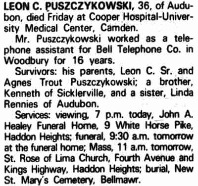 Obituary for Leon C. Puszczykowski Jr., age 36, Philadelphia Inquirer, April 9, 1990
