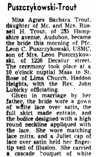 Wedding announcement for Pfc. Leon C. Puszczykowski and Agnes Barbara Trout, Camden Courier-Post, May 3, 1952