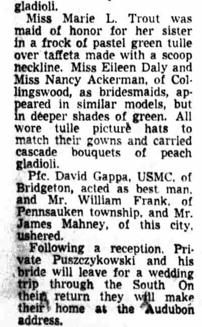 Wedding announcement for Pfc. Leon C. Puszczykowski and Agnes Barbara Trout (continued), Camden Courier-Post, May 3, 1952