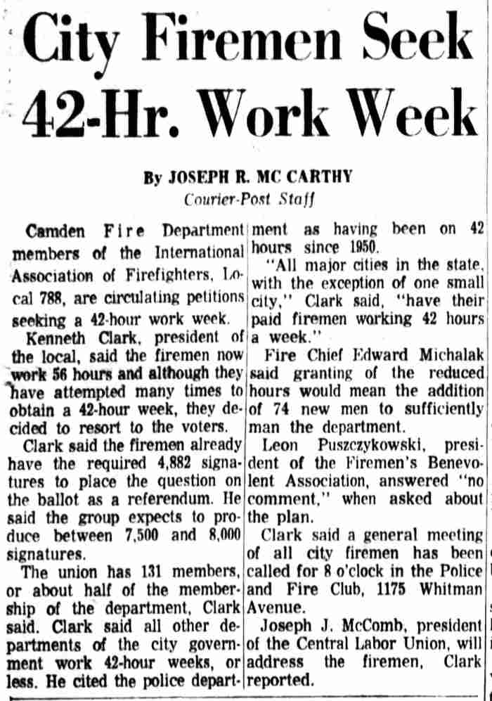 City Firemen Seek 42-Hr. Work Week — Camden Courier-Post, May 24, 1966