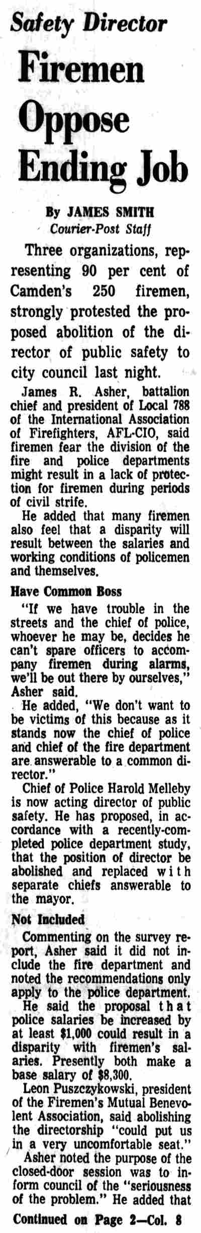 Camden Courier-Post article, September 20, 1968 — Firemen Oppose Ending Job