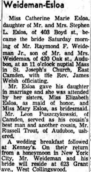 Weideman-Esloa wedding announcement, Boyd Street, Camden Courier-Post, November 27, 1956