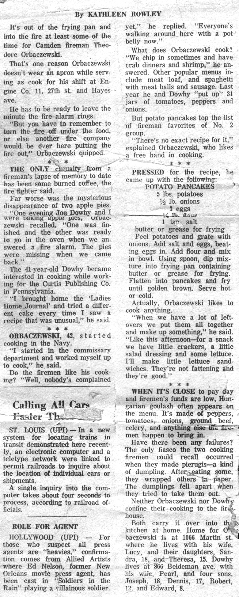 Firemen-Cooks Vital article text, Camden Courier-Post 1963