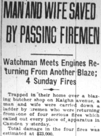 Camden Courier-Post, April 2, 1928 — Man and Wife Saved by Passing Firemen, page 1