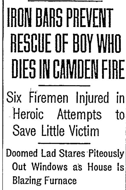 Philadelphia Inquirer, April 28, 1922 — Iron Bars Prevent Rescue of Boy Who Dies in Camden Fire, page 1