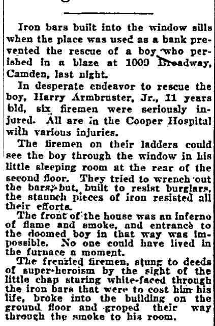 Philadelphia Inquirer, April 28, 1922 — Iron Bars Prevent Rescue of Boy Who Dies in Camden Fire, page 2