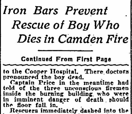 Philadelphia Inquirer, April 28, 1922 — Iron Bars Prevent Rescue of Boy Who Dies in Camden Fire, page 7