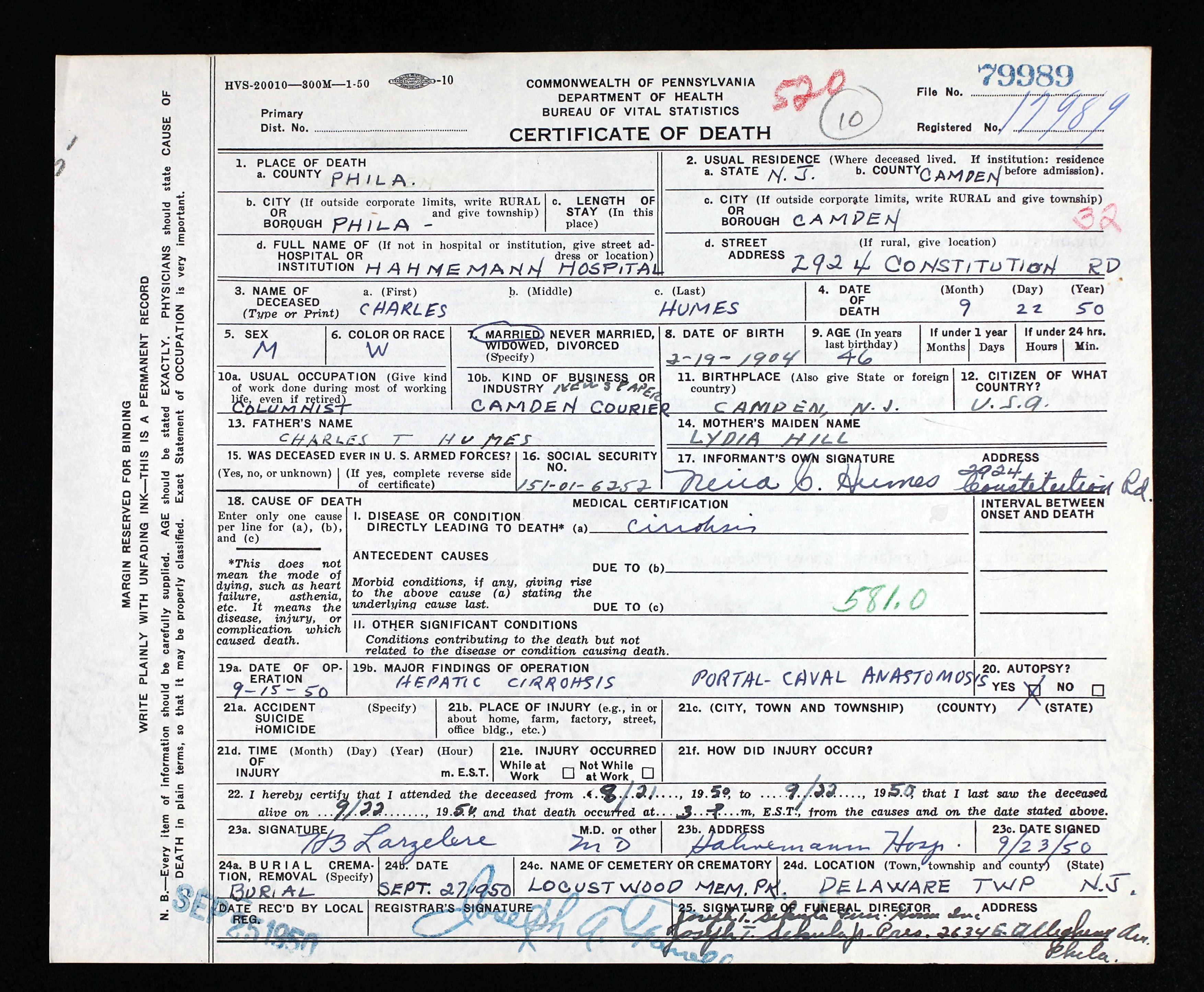 Charles L. Humes death certificate