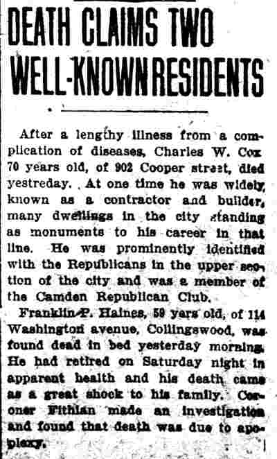 Camden Daily Courier obituary, January 20, 1908