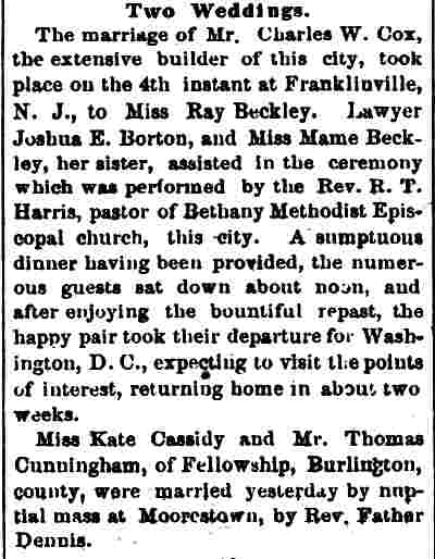 Camden Post wedding announcement, May 5, 1887
