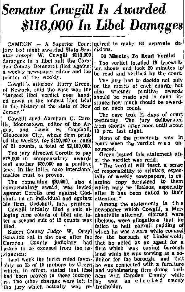 Trenton Evening Times article, April 10, 1957