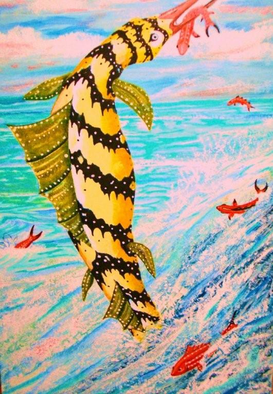 Joe Seddon painting with waves and leaping fish