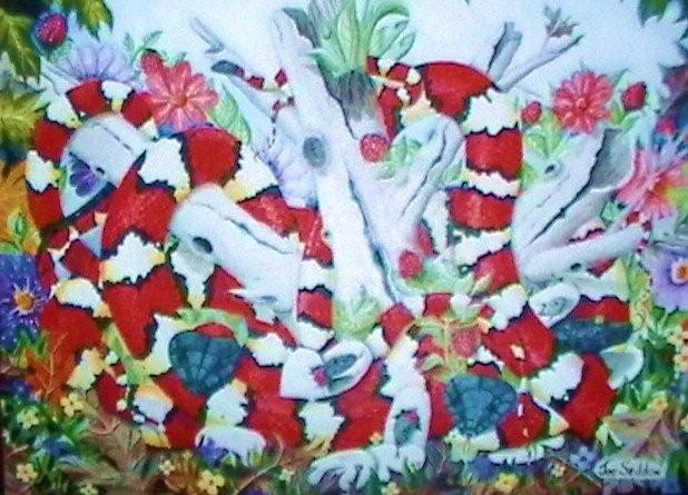 A painting of King snakes with berries and flowers by Joe Seddon