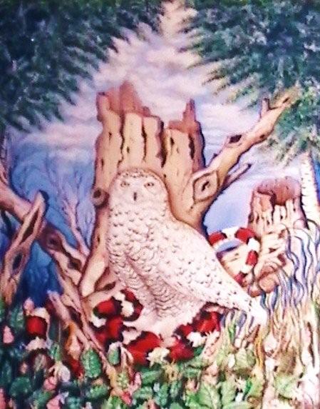 Canadian Snow Owl and Milk snake, painting by Joe Seddon