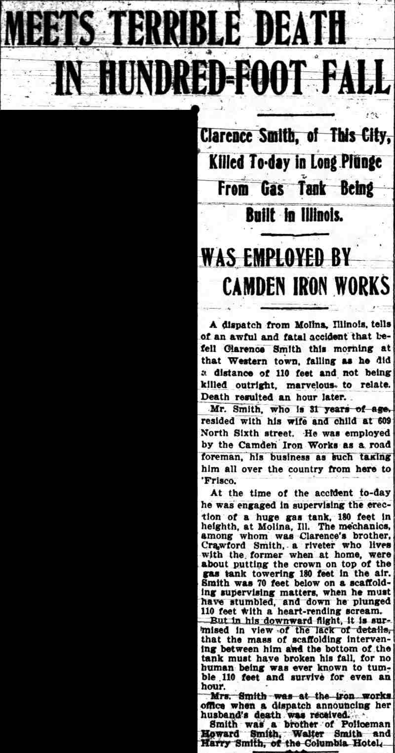Camden Post-Telegram newspaper article from November 13, 1907 reporting Clarence Smith's death