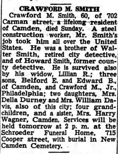 Camden Courier-Post, June 17, 1941 — Crawford Smith obituary