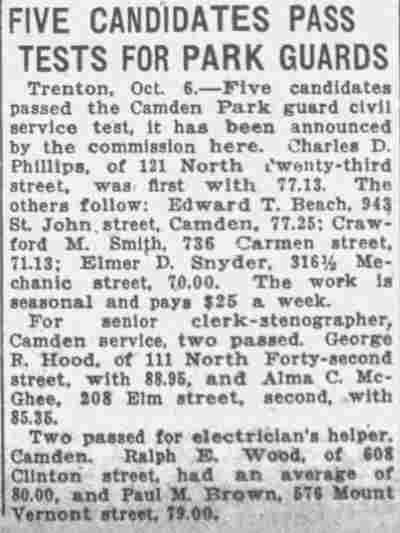 Five Candidates Pass Tests for Park Guards, Camden Evening Courier October 6, 1925