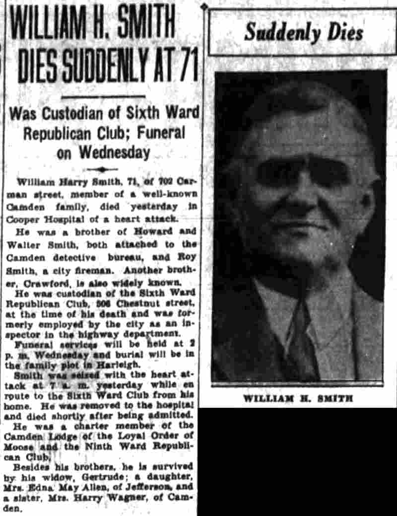 Camden Courier-Post, January 26, 1931 — William H. Smith Dies Suddenly at 71
