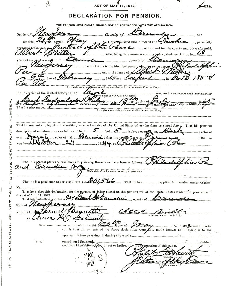 Declaration for pension for Albert W. Miller, May 20, 1912